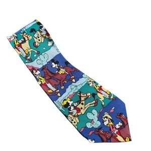 Disney Mickey Mouse Goofy Cowboy Western Tie Mens Blue Novelty Silk Blend